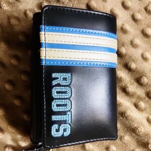 Roots Black Wallet with Blue and Cream Stripes